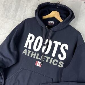 Vintage Roots Canada Hoodie Athletics Flag Logo Men Size Large Fleece Navy Y2K